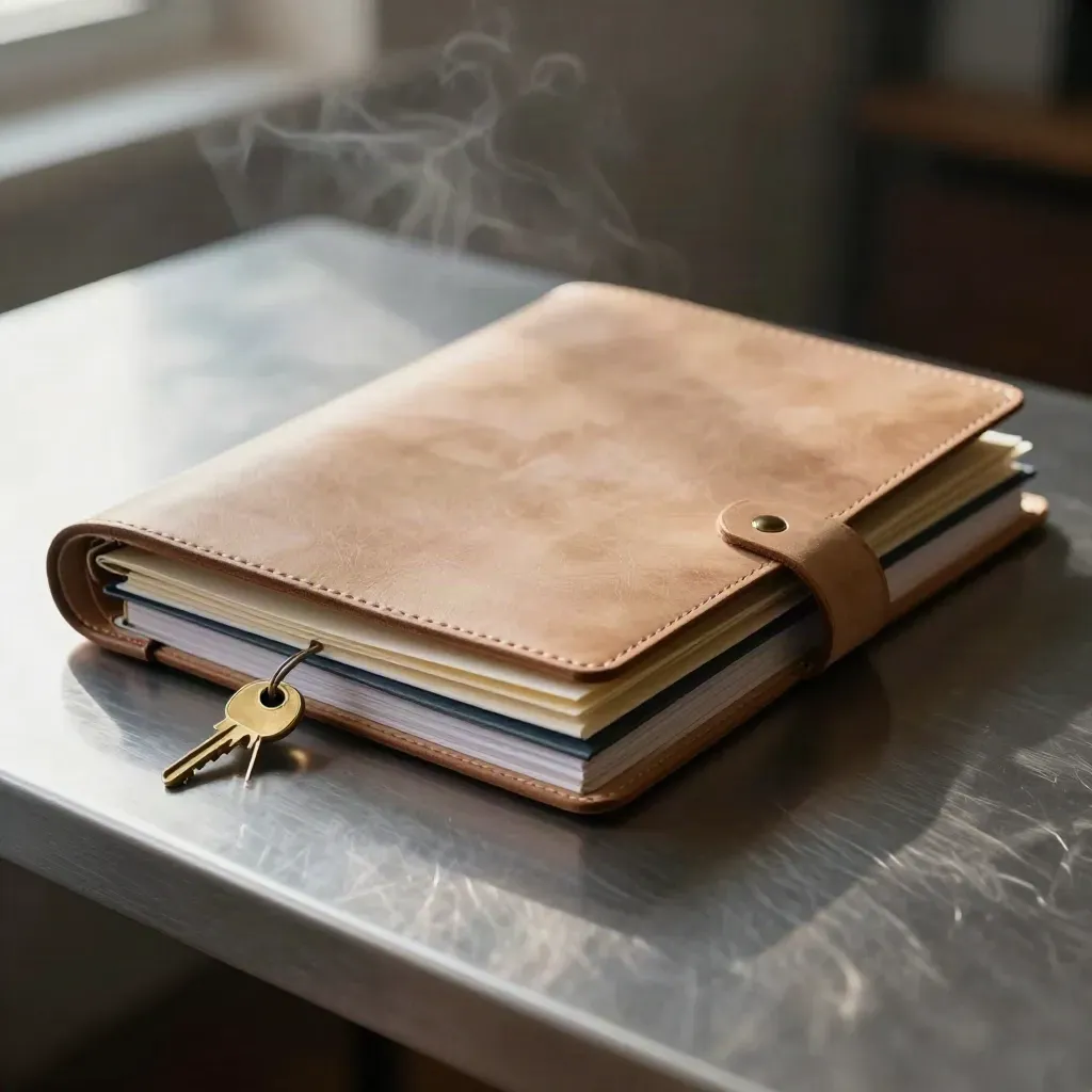 Loan documents, portfolio, binder and brass key ring on a steel desk with steam