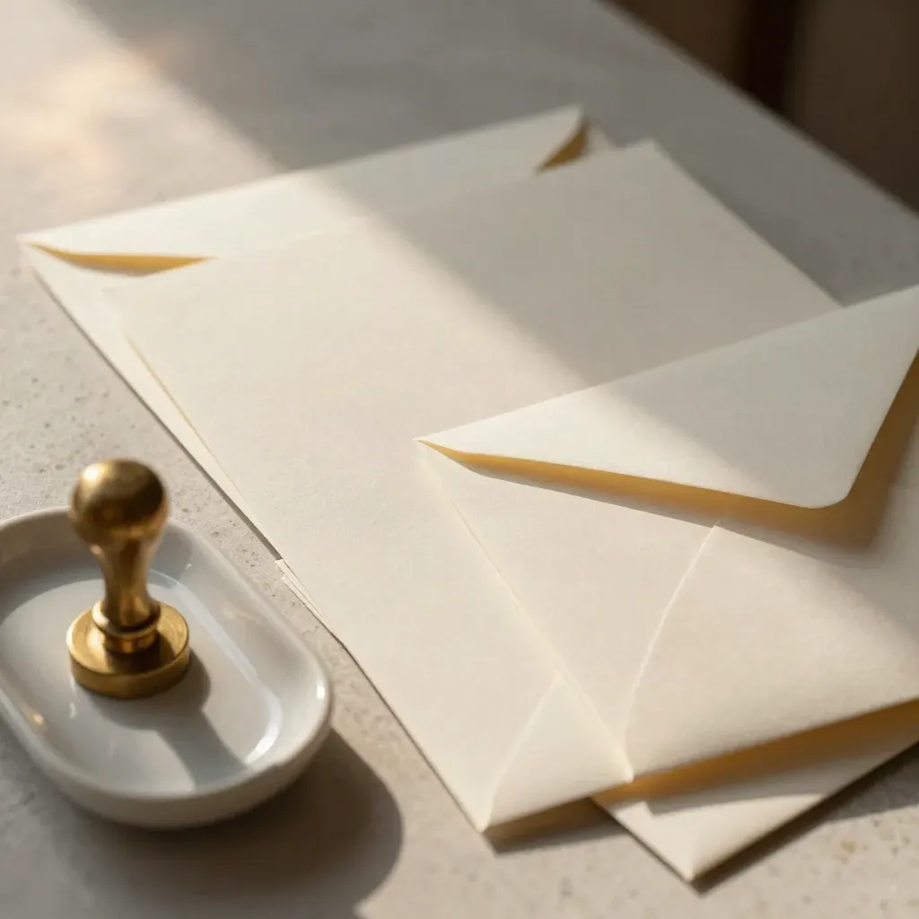 Cream envelopes, wax seal stamp, and blank stationery arranged on a pale stone counter.