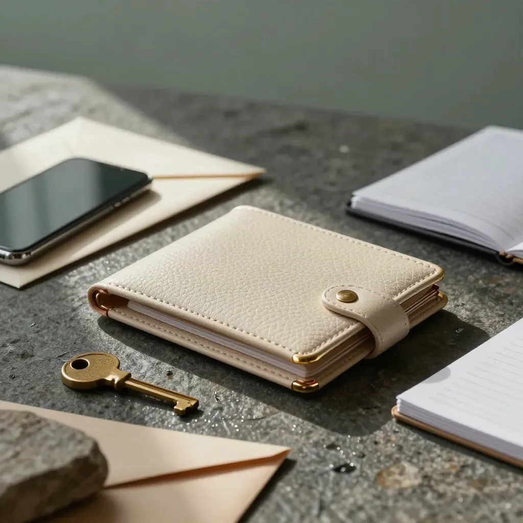 Cream file wallet, sealed envelopes, phone, key and ledger on dark stone in moody finance light