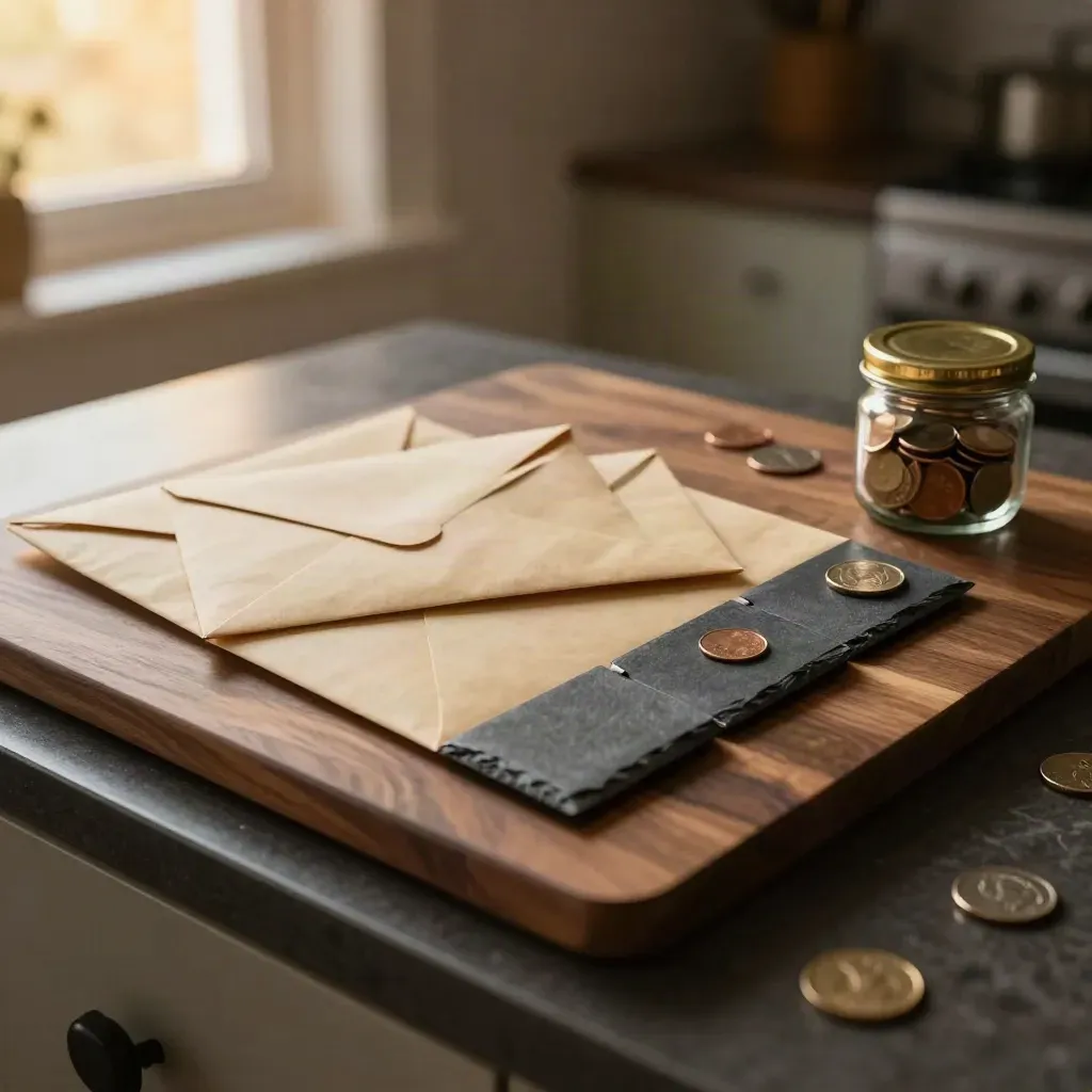 Payment envelopes, coin jar, and slate markers lined up on a walnut board in warm afternoon light.