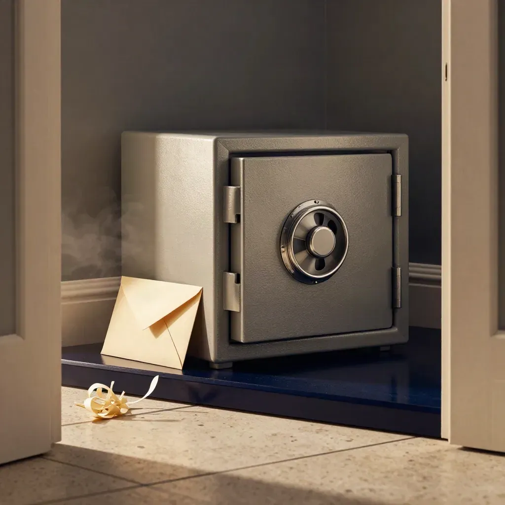 Compact safe with sealed envelope and shred pile by a dark entry console in evening haze.