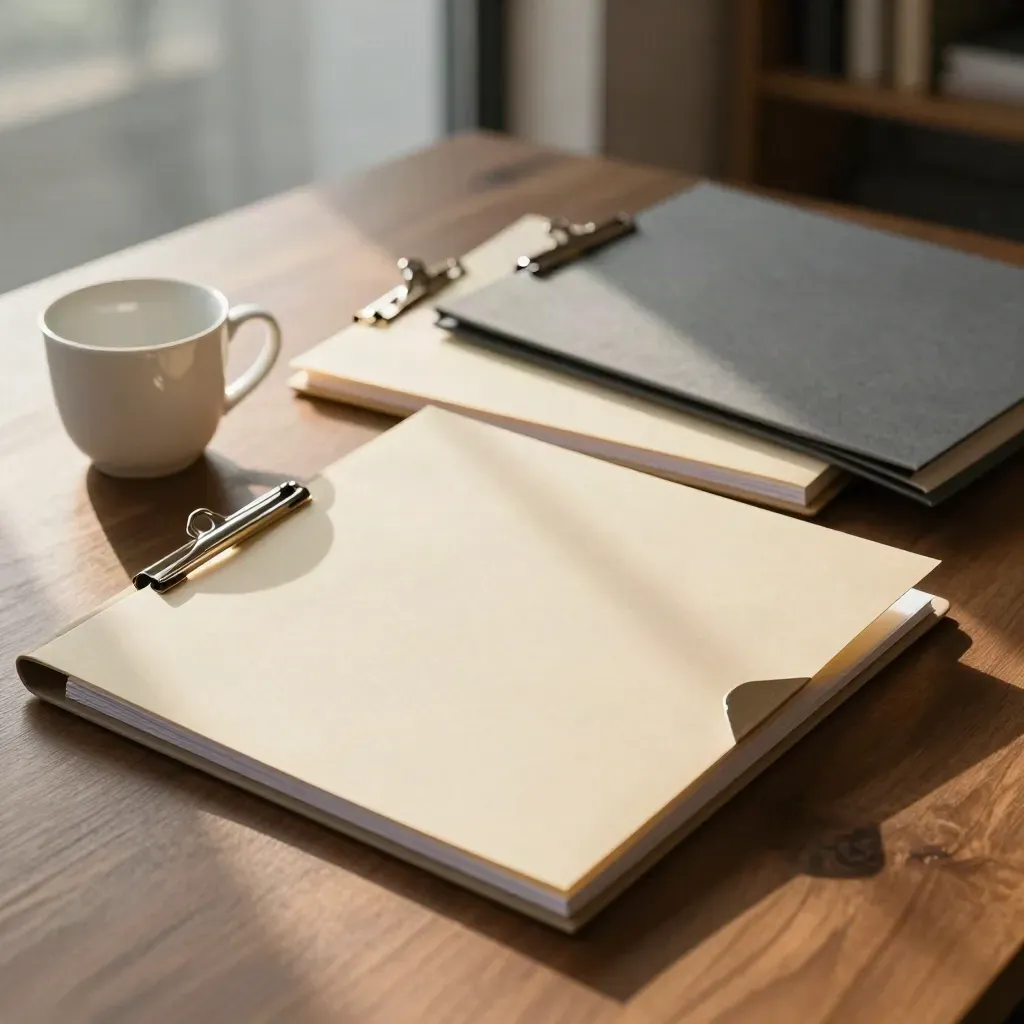 Three report folders and a white cup on a walnut desk in morning light.