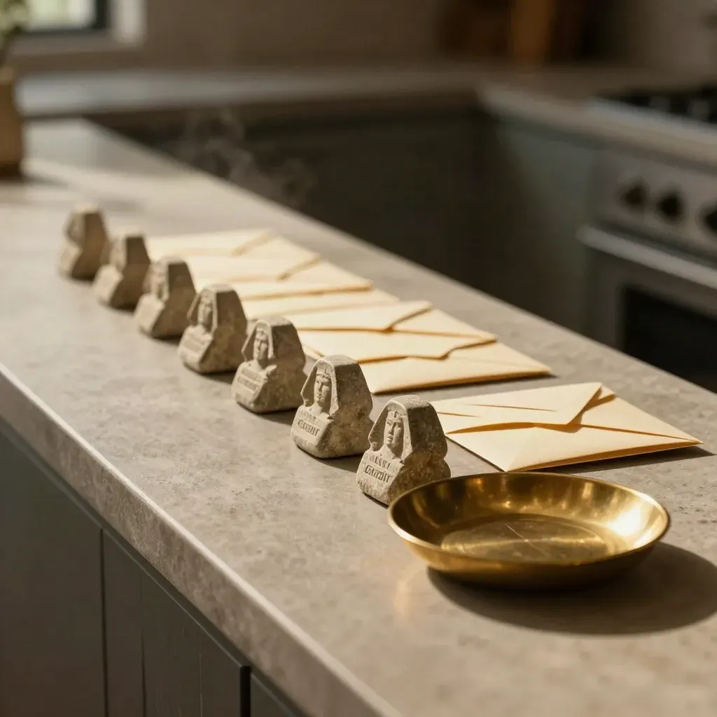 Stone tokens and payment envelopes lined up beside a brass dish in soft steam