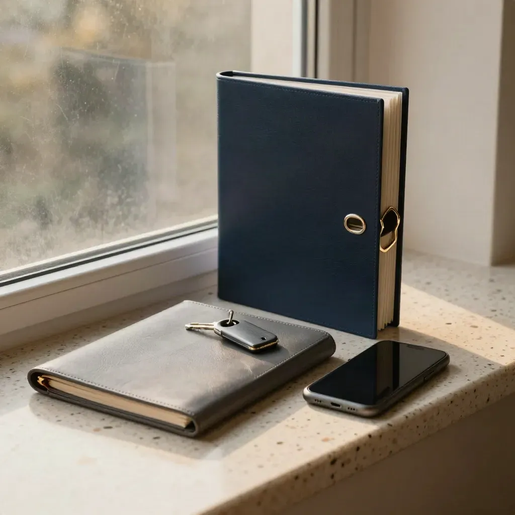 Loan-ready binder, key ring, folio and phone on a travertine window seat at dawn.