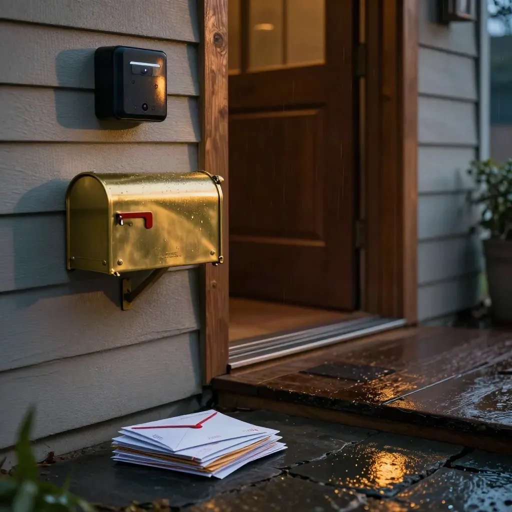 Rainy porch with a locked mailbox, face-down mail, and glowing security hub.