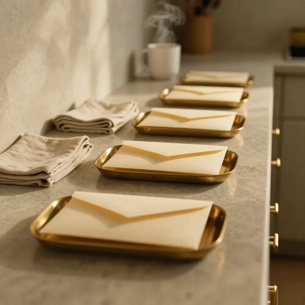 Cream envelopes in brass dishes on a limestone counter with steam and warm afternoon light.
