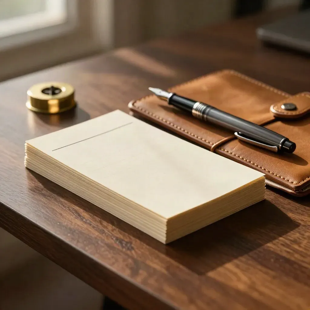 Blank index cards, leather pad, and fountain pen on a dark walnut desk in soft morning light.