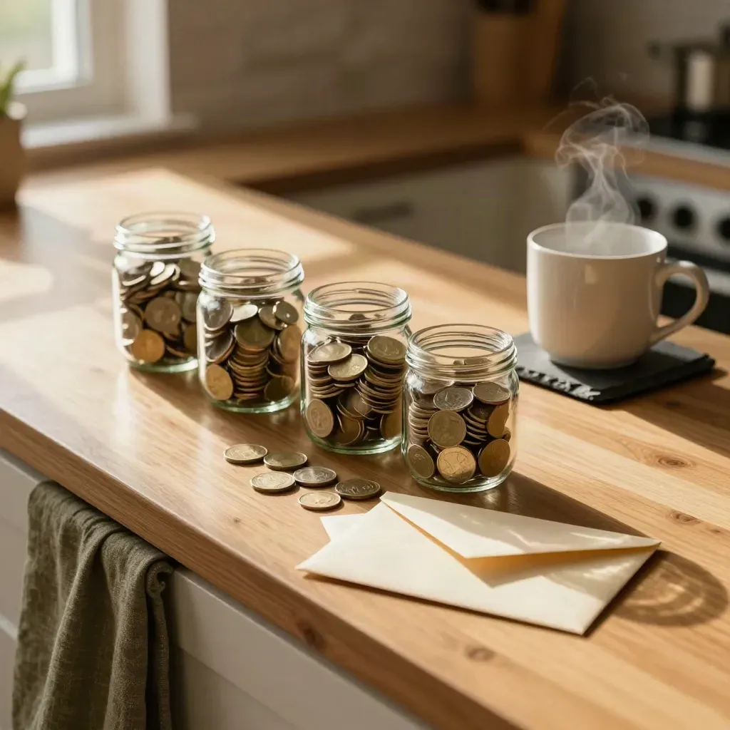 Glass jars of coins, cream envelopes and a steaming mug on a warm kitchen counter.