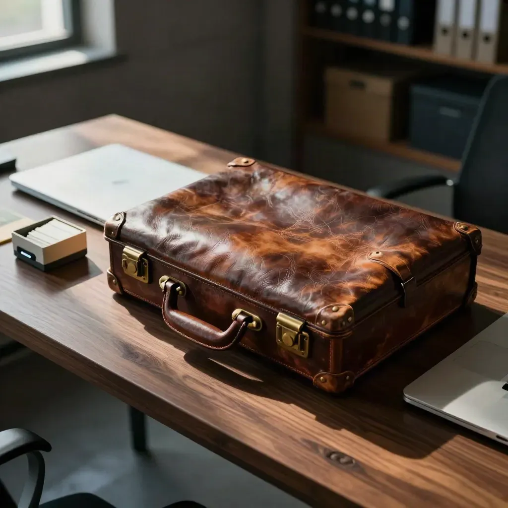 Leather briefcase, closed laptop, receipt box and card reader on a dark wood desk in moody light.