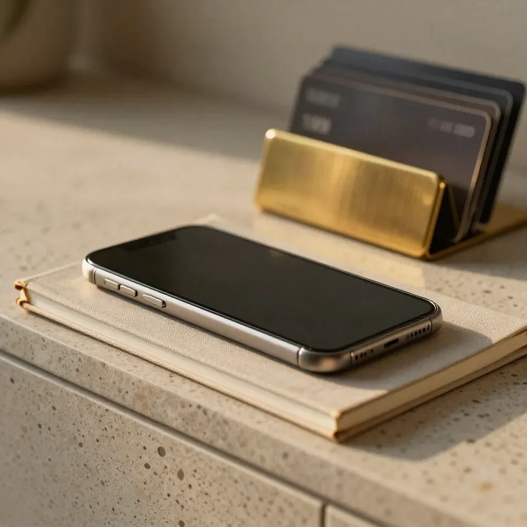 Face-down smartphone glowing beside a narrow notebook on a stone credenza at dusk.