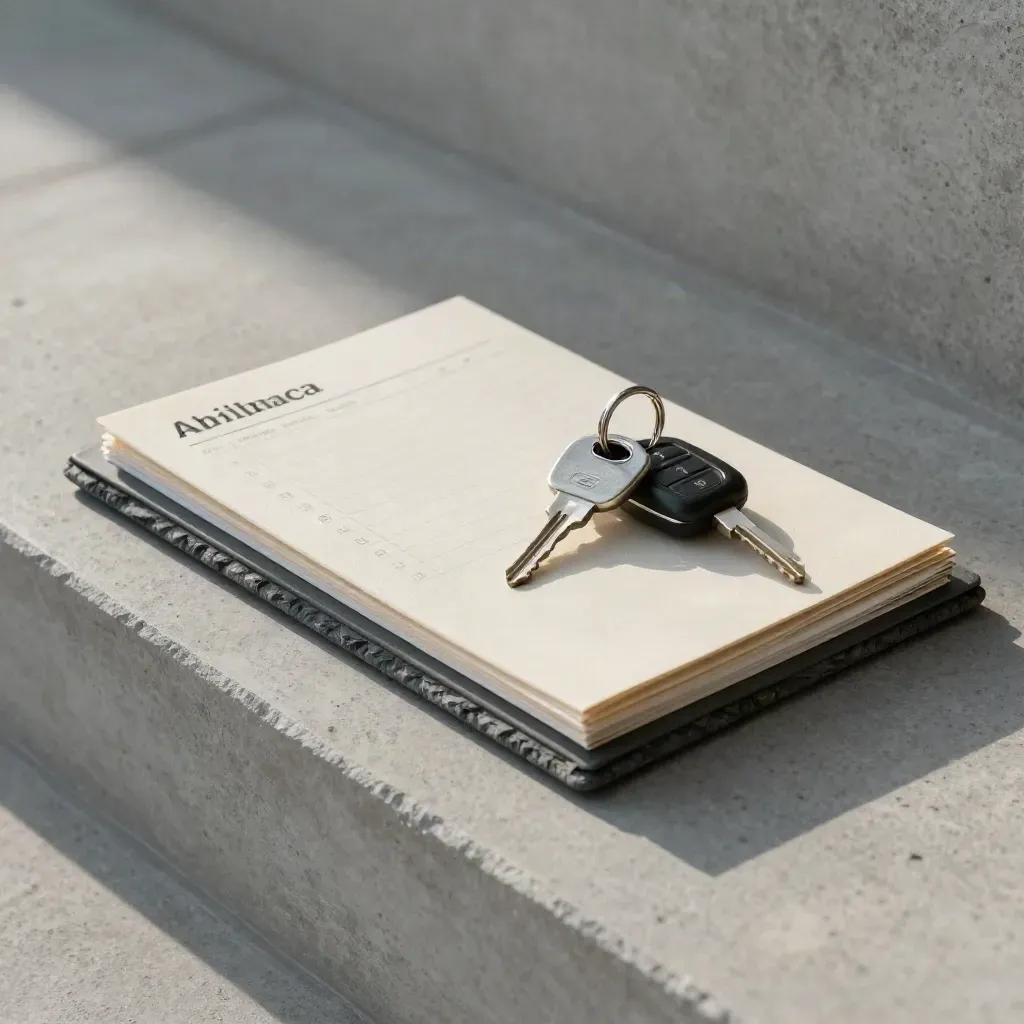 Top-down finance prep kit: file organizer, closed checklist pad, house key, and car key on concrete.