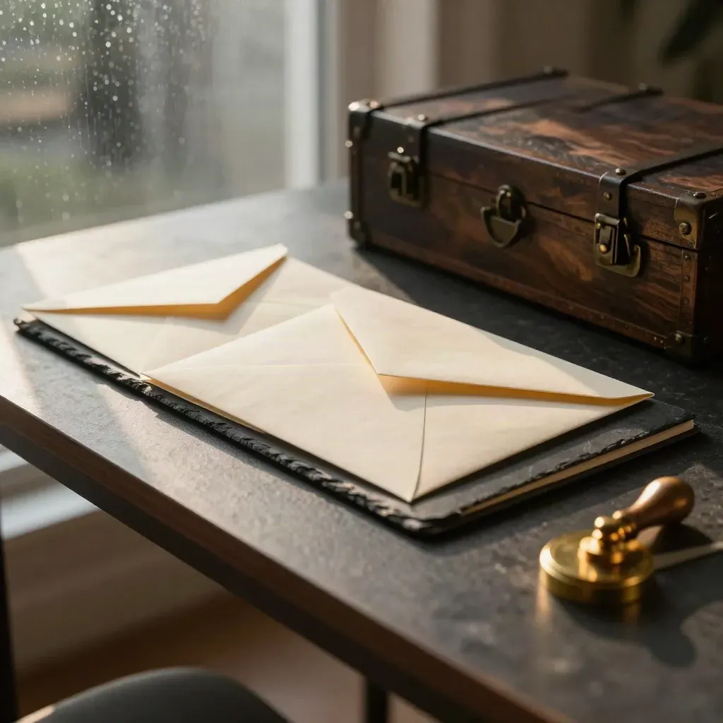 Cream envelopes, brass stamp pad, and sealed folder on a dark desk by rain-speckled glass.