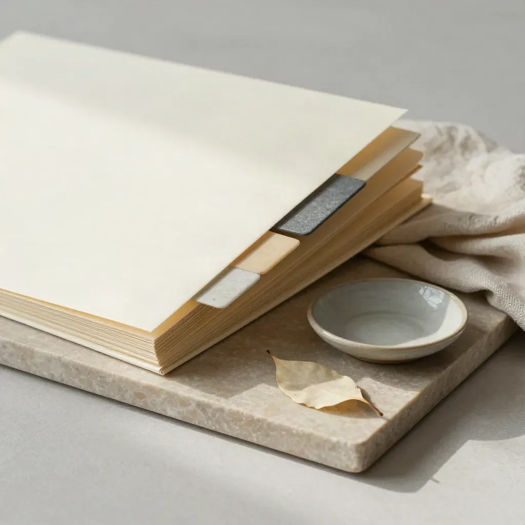 Cream report folder on stone tray with linen cloth, ceramic dish and leaf in soft daylight.