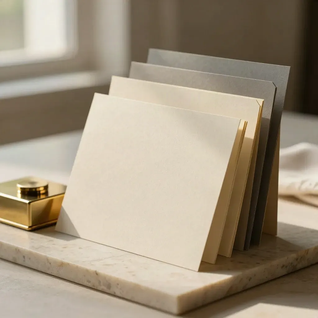 Stepped matte file cards beside a brass paperweight and folded linen on stone