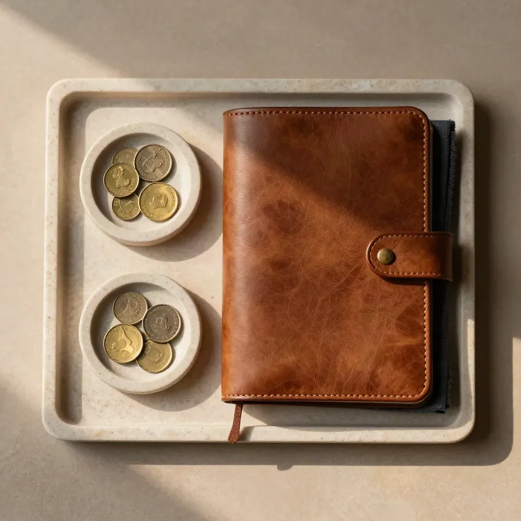 Closed leather budgeting ledger with coin dishes and folded cloth, top-down stone still life.