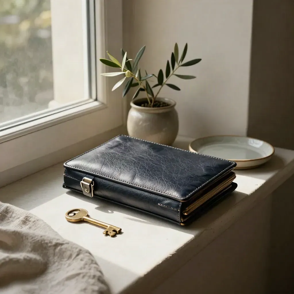 Loan prep still life with a tied portfolio case, brass key, olive plant, and ceramic tray.