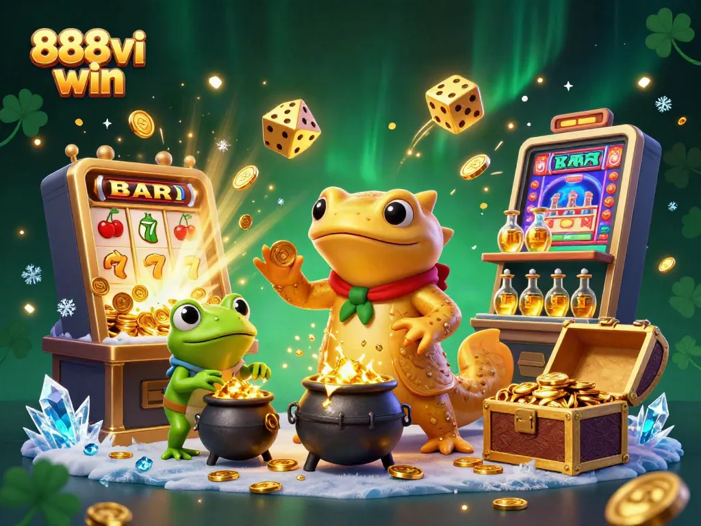 Experience 888vi win with exhilarating slot machine jackpots, golden coins, and vibrant casino elements.