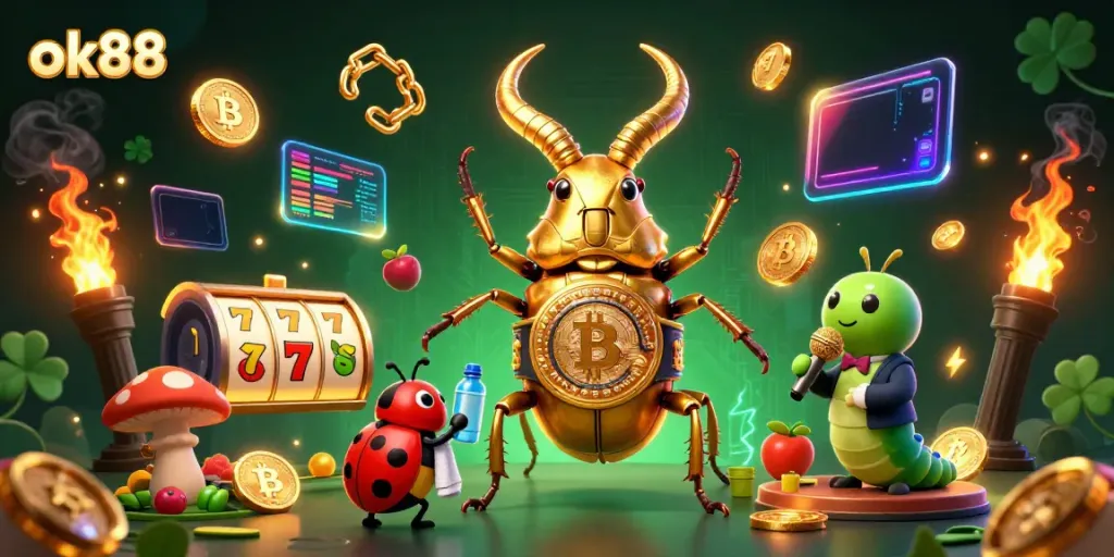 Experience thrilling slots action with ok88, featuring a giant golden stag beetle champion in a dynamic 3D illustration.