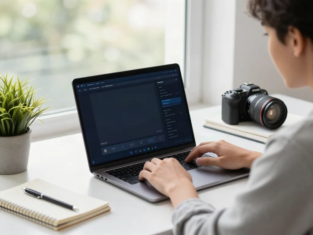 Young professional using brave浏览器 on a modern workspace setup with plants and natural light.