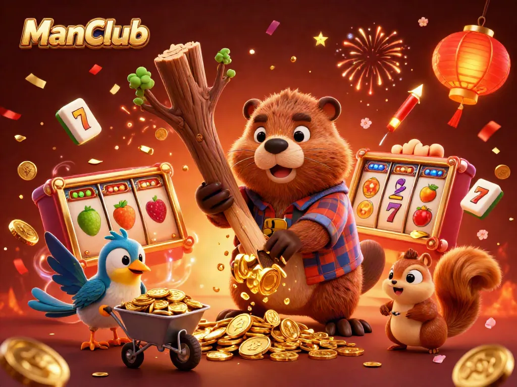 Experience the exciting ManClub scene with a beaver, bird, and squirrel amidst vibrant casino symbols.