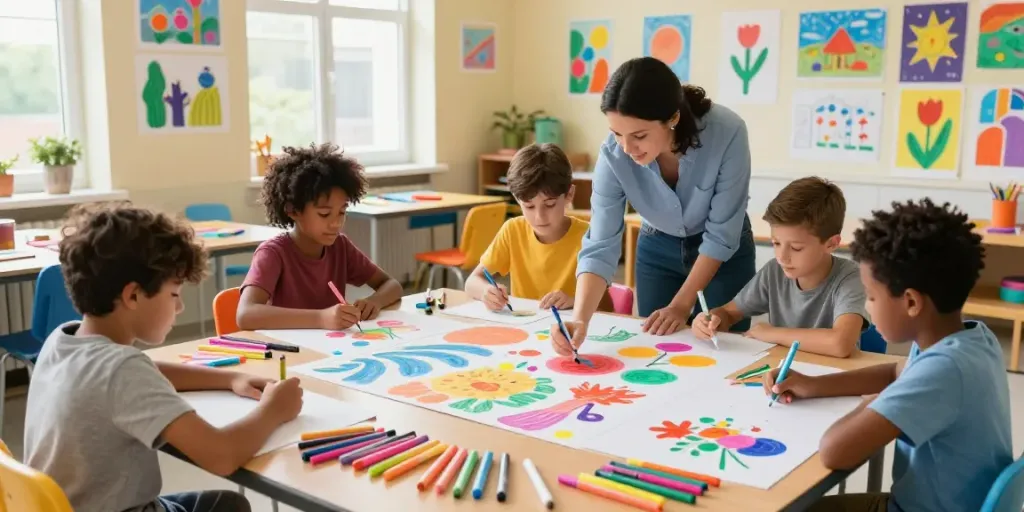 Creative students using colorful markers wholesale in a vibrant classroom.