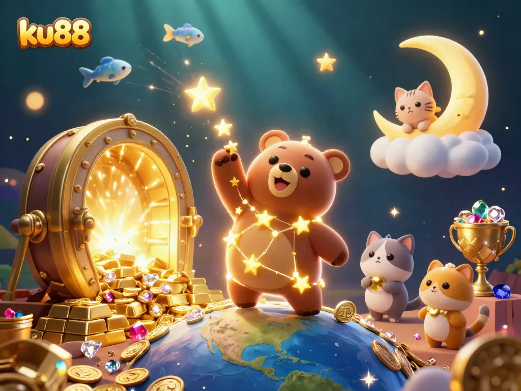 ku88 invites players to experience jackpot excitement with a golden treasure vault and glimmering gems in a vibrant scene.