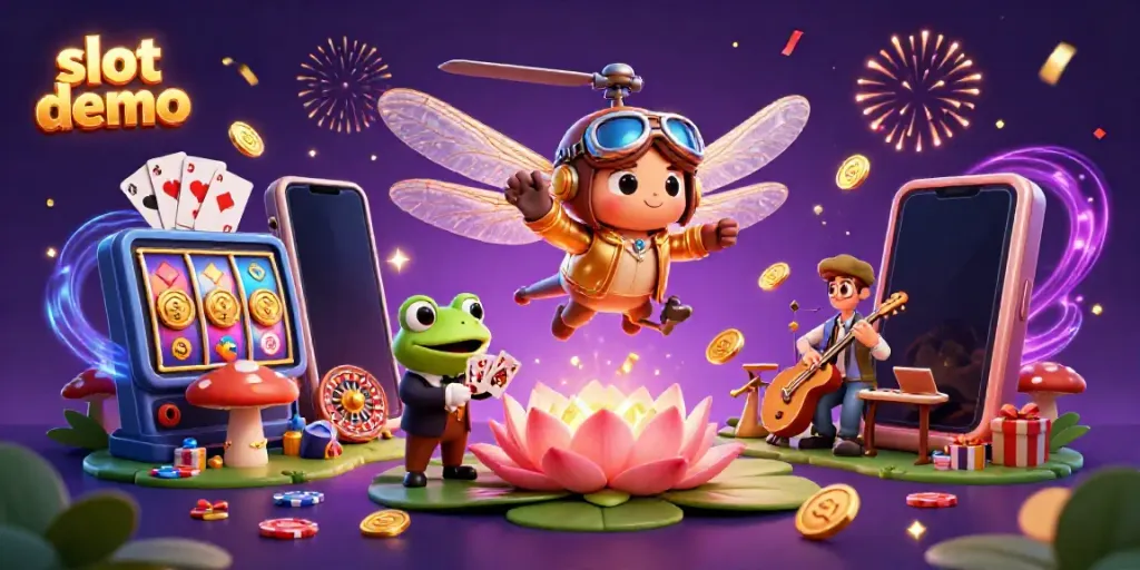 Slot demo dengan karakter badak kartun dan dealer katak dalam ilustrasi kasino yang meriah.