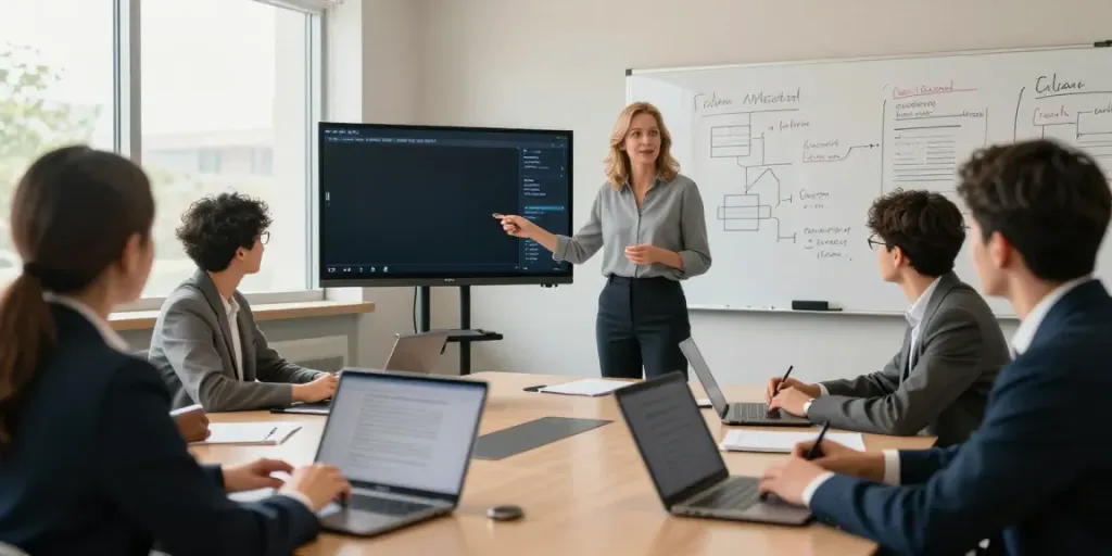 Karen McCleave crown attorney mentoring young lawyers in a modern classroom.