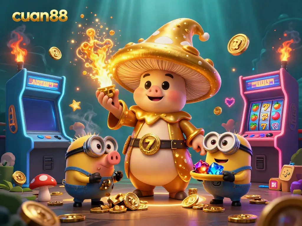 Feel the thrill of cuan88 with a golden mushroom wizard amidst vibrant slot reels and treasures.
