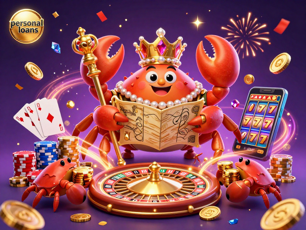 Engage with personal loans in an exciting casino scene featuring a golden crab emperor amidst vibrant gaming elements.