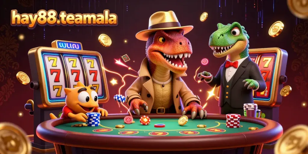 Vibrant casino scene showcasing a velociraptor card counter and stegosaurus pit boss, highlighting hay88-teamala's gaming excitement.
