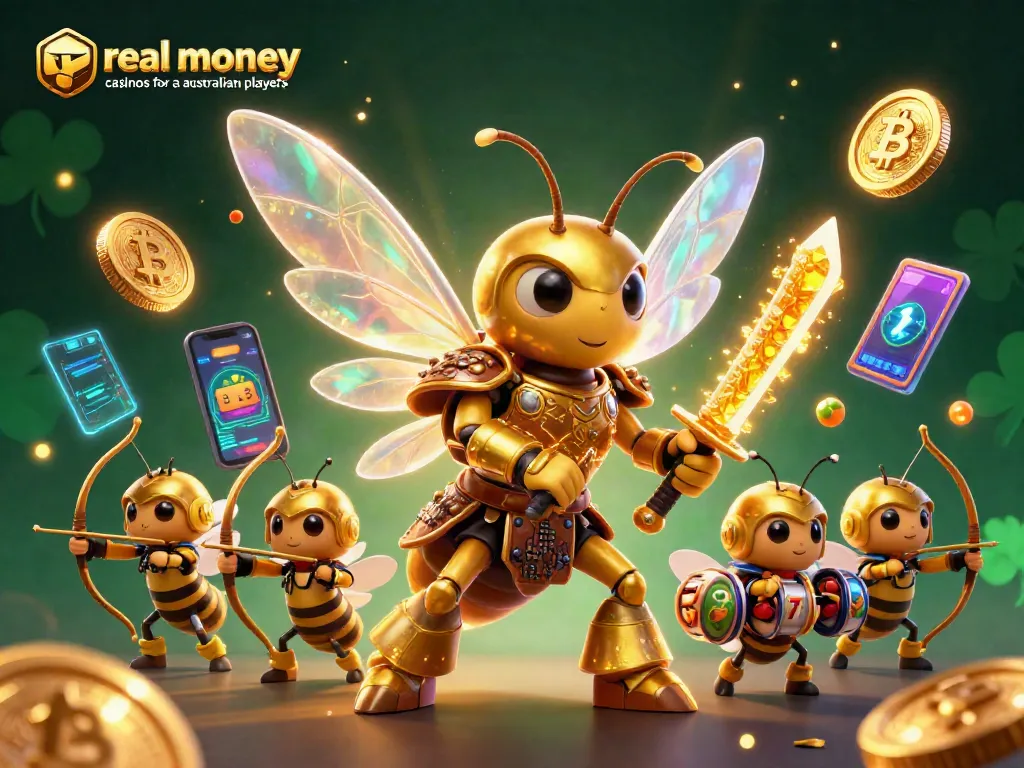 Engage in real money casinos for australian players with a golden hornet samurai leading an epic scene of gaming excitement.