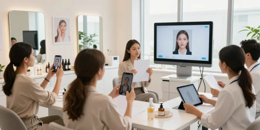 Engaging facial analysis session showcasing Alternatives to QOVES in a modern beauty studio.