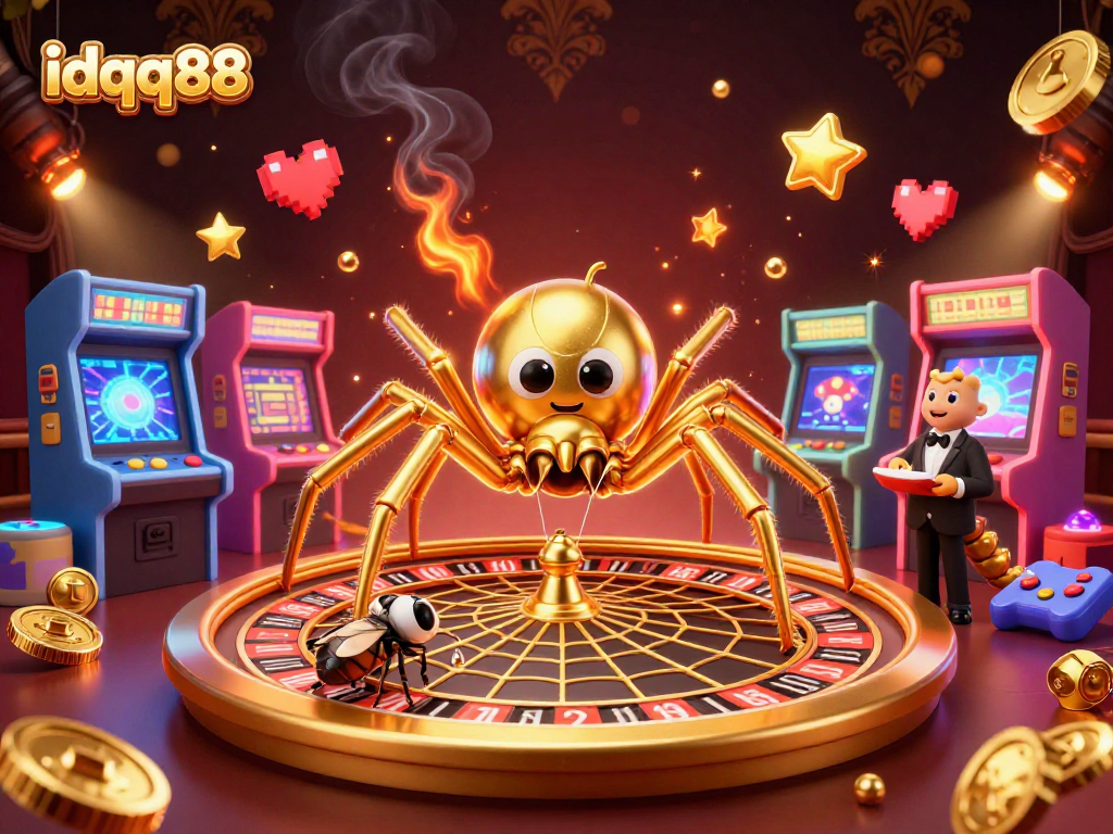 Experience thrilling wins at idqq88 with a golden spider spinning roulette in this vibrant casino scene.