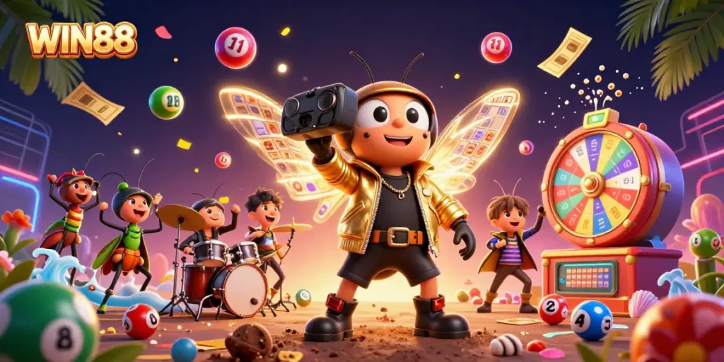 Experience exhilarating wins at WIN88 with vibrant prizes and exciting characters in this detailed casino art.