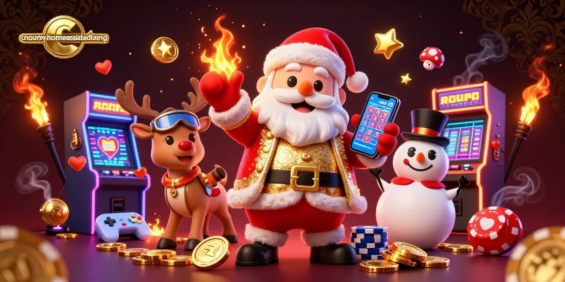 Engaging scene featuring cntryhomeassistedliving with Santa and friends playing jackpot slots amidst vibrant casino elements.