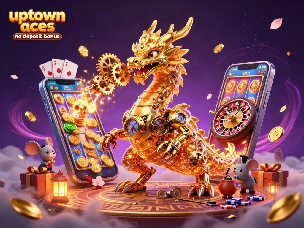 Engage with Uptown Aces Casino no deposit bonus scene featuring a golden dragon, slots, and exciting gaming elements.