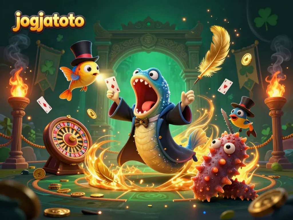 Experience thrilling card magic at jogjatoto with vibrant casino characters and energetic elements.