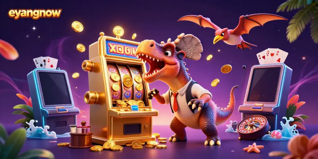eyangnow delivers excitement as cartoon dinosaurs interact with a slot machine, collecting golden coins.