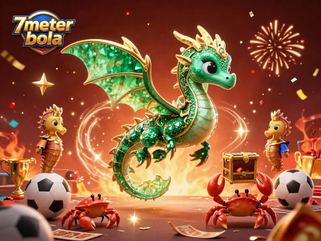 Dynamic scene capturing 7meter bola with a sea dragon, soccer elements, and festive confetti.