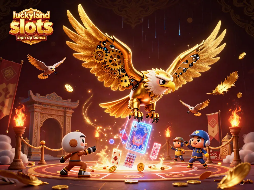 Spin the reels with luckyland slots sign up bonus, featuring golden eagle and dynamic casino elements.