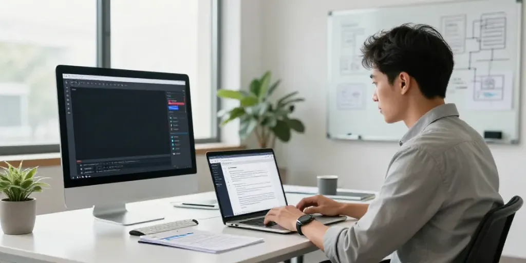 AI text generation service in a modern office setting, featuring a professional writing with advanced technology and analytics.