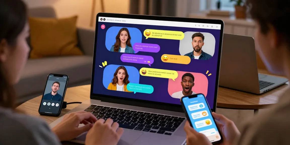 Engaging nsfw chat scene with diverse avatars and playful emojis in a cozy digital conversation setting.