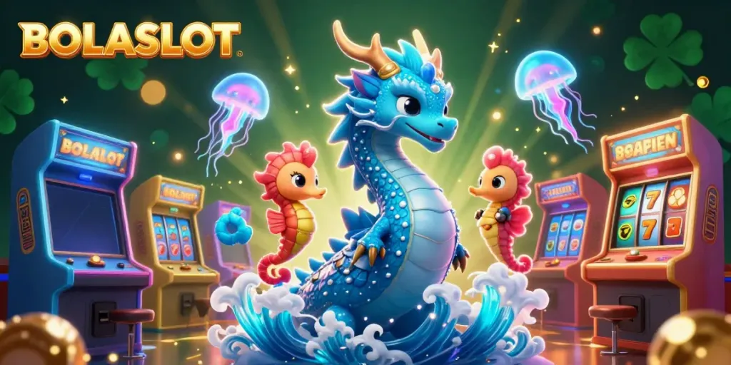 Experience the magic of BOLASLOT with a vibrant underwater scene featuring a dragon and gaming elements.