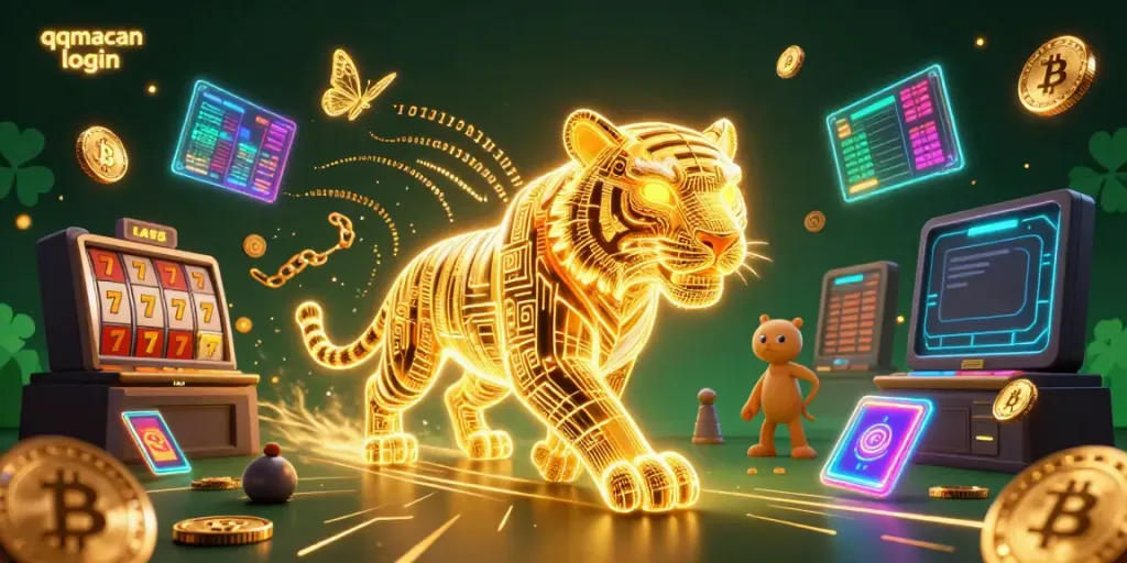 Engage in action with qqmacan login, surrounded by vibrant casino elements and glowing digital enhancements.