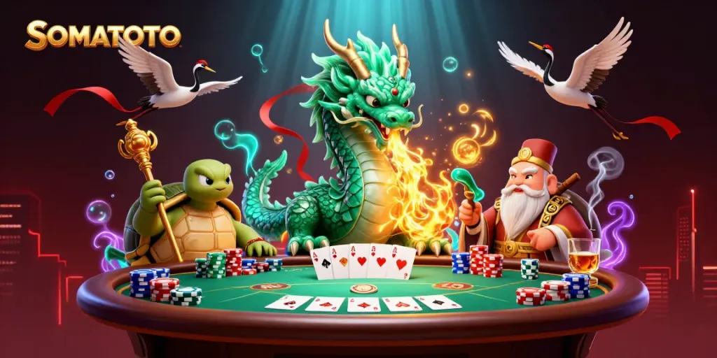 SOMATOTO showcases a dynamic casino scene with a jade dragon and a turtle sage amid rich poker elements.