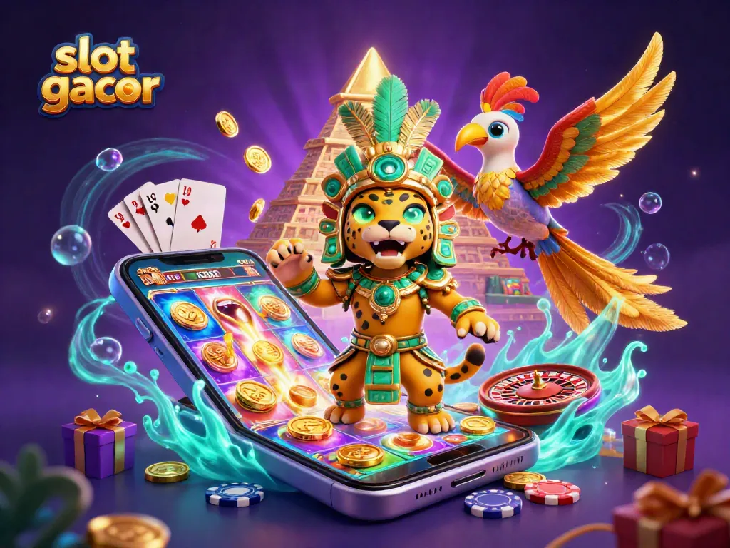 Engage in exciting slot gacor action with our vibrant 3D casino scene featuring winning symbols and golden treasure.