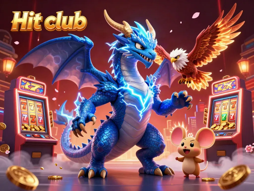 Experience vibrant gaming action at Hit club with animated dragon, hawk, and mouse amidst vibrant casino elements.