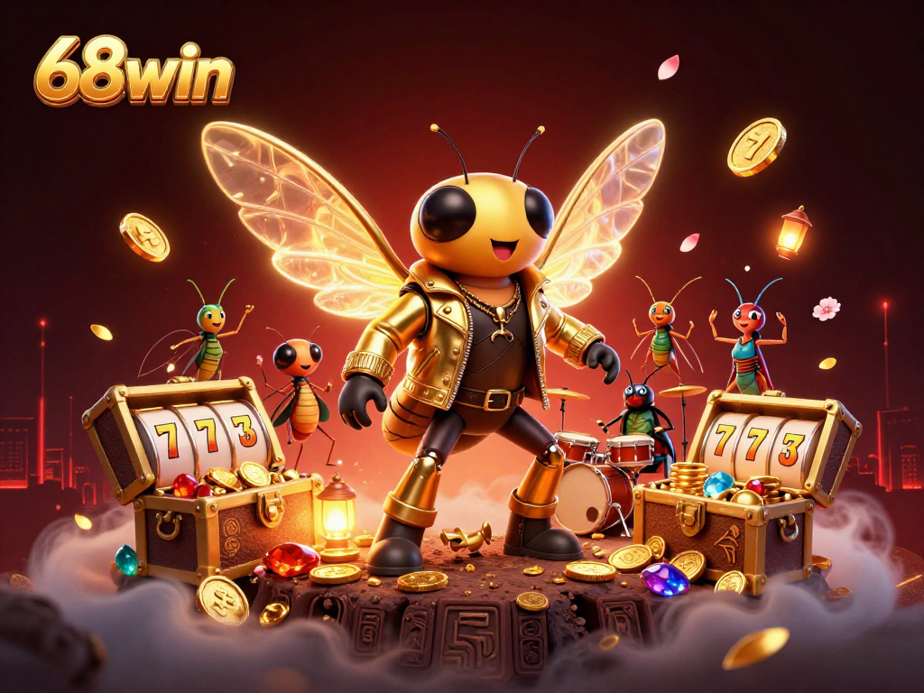 Play exciting games at 68win, where a rock star cicada takes center stage surrounded by vibrant casino elements.