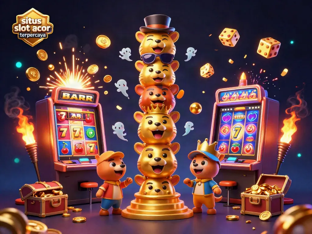 Engage in the magic of situs slot gacor terpercaya through a vibrant 3D casino illustration packed with dynamic slot elements.